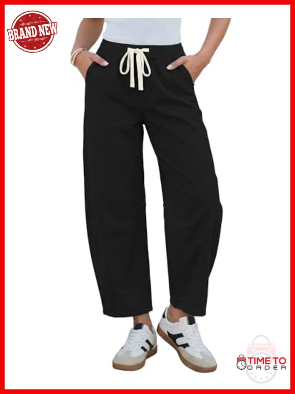 High Waisted Cropped Barrel Wide Leg Pull On Elastic Waist Stretchy Denim Pants